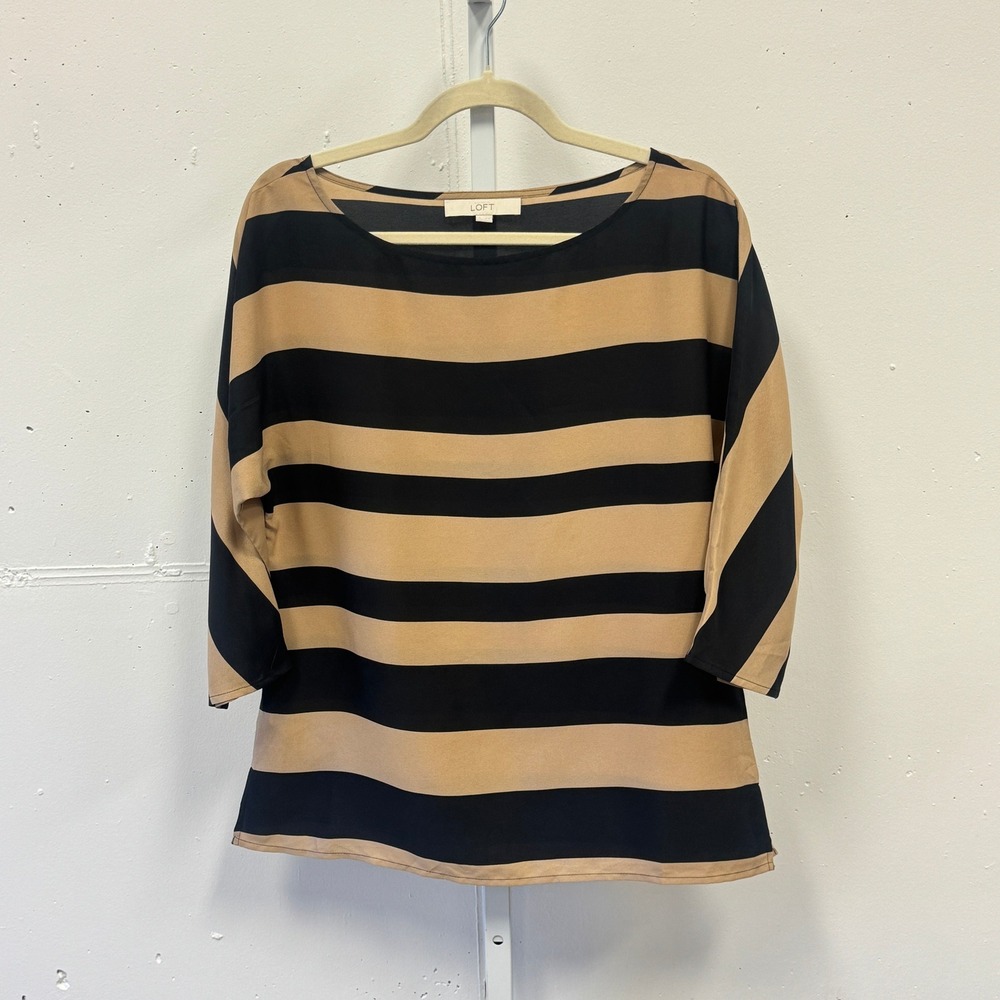 LOFT Ann Taylor Tan Black Striped 3/4 Sleeve Boat Neck Blouse Top Women's Medium